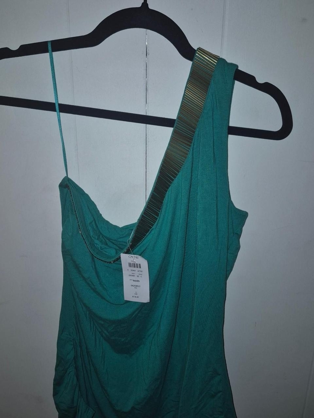 Cache Teal One-Shoulder Dress with Metallic-Trim Strap